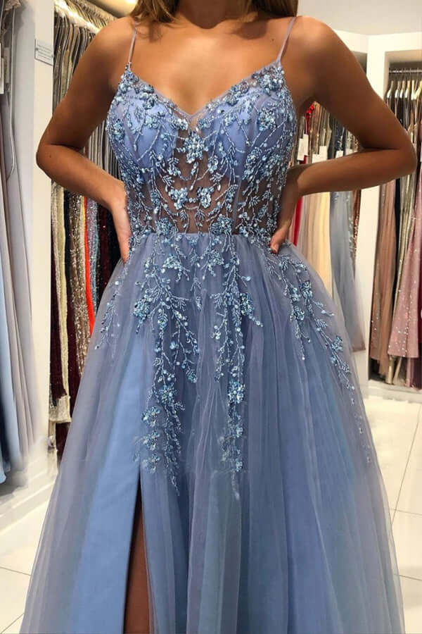 Tüll A-Linie V-Ausschnitt Perlenbesetztes langes Ballkleid, langes Abendkleid