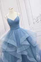 Tulle A-line V-neck Sequins Sparkly Prom Dresses, Long Formal Dresses
