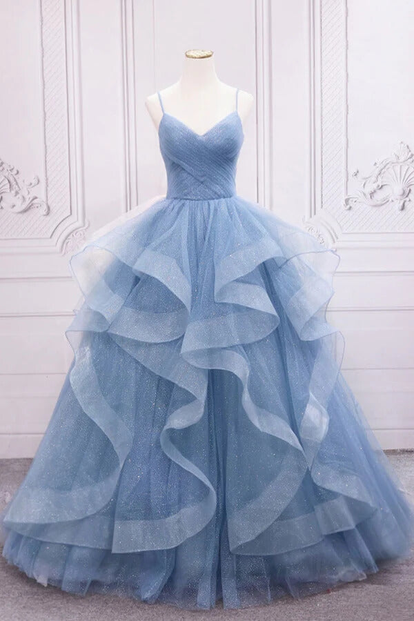 Tulle A-line V-neck Sequins Sparkly Prom Dresses, Long Formal Dresses