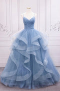 Tulle A-line V-neck Sequins Sparkly Prom Dresses, Long Formal Dresses