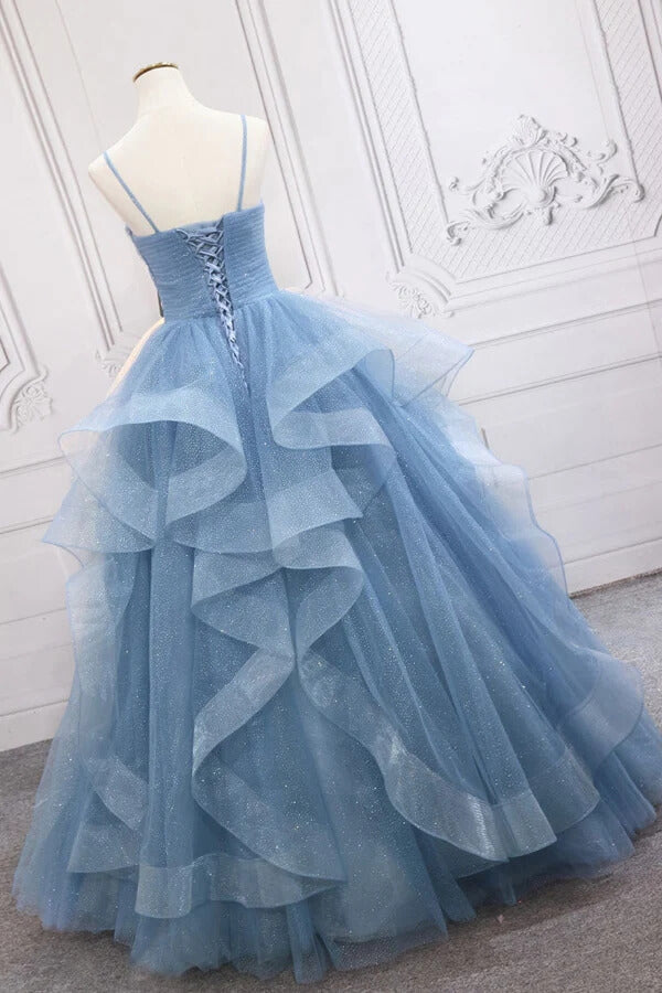 Tulle A-line V-neck Sequins Sparkly Prom Dresses, Long Formal Dresses