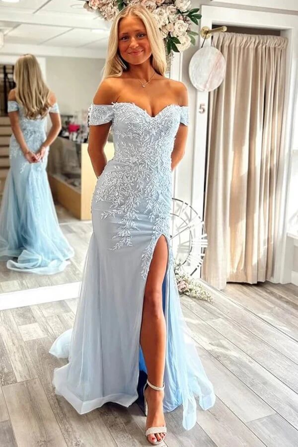 Vestidos de Noche de Tul Sirena con Hombros Descubiertos, Escote Corazón y Aplicaciones de Encaje