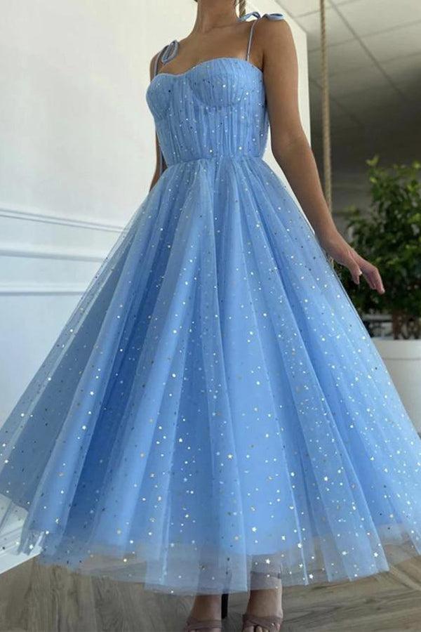 Tulle Sequins Tea Length Prom Dress Party Dress Homecoming Dress