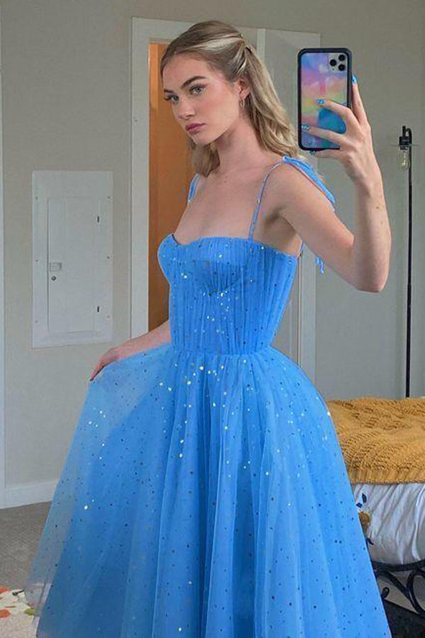 Tulle Sequins Tea Length Prom Dress Party Dress Homecoming Dress