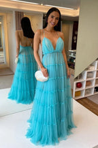 Tulle Tiered A-line V-neck Floor Length Prom Dresses, Evening Gowns