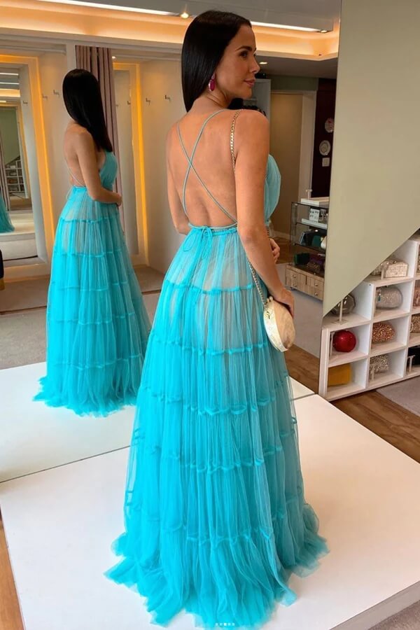Tulle Tiered A-line V-neck Floor Length Prom Dresses, Evening Gowns