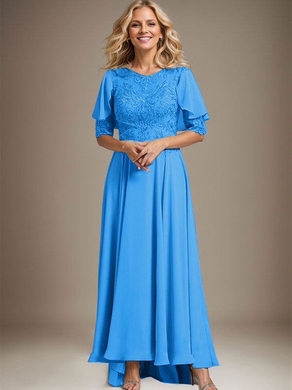 Vestido de madre de la novia de gasa asimétrica con encaje, ilusión, corte A y escote redondo con cuentas 