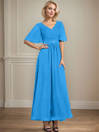 A-Linien-Chiffonkleid mit V-Ausschnitt, Knöchellänge, plissierten Pailletten und Perlenstickerei für die Mutter der Braut
