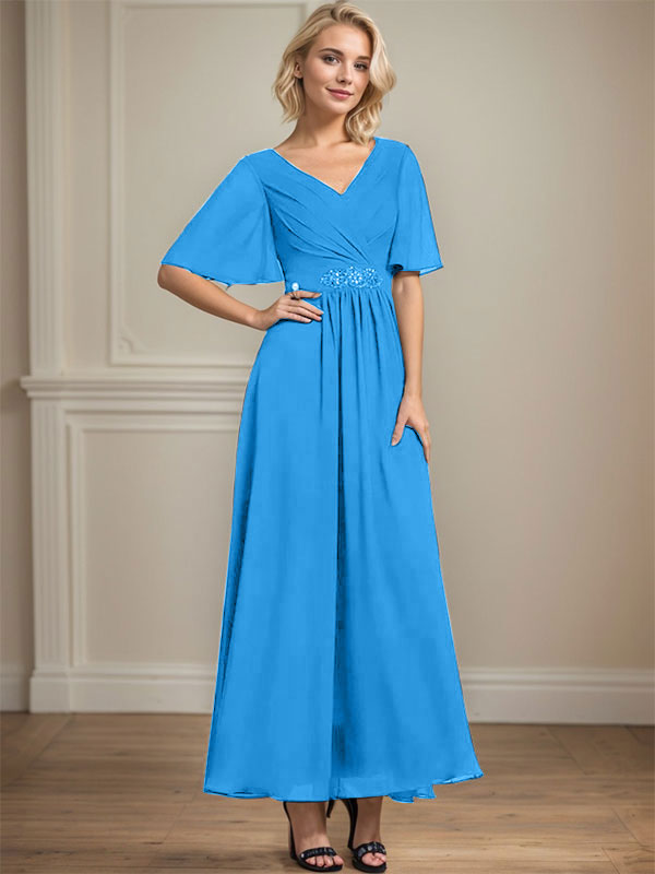 Vestido de gasa para madre de la novia, corte A, escote en V, largo hasta los tobillos, con lentejuelas y cuentas plisadas