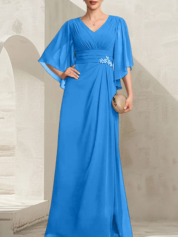 Vestido de gasa para madre de la novia, con escote en V, largo hasta el suelo, con lentejuelas plisadas y abalorios.