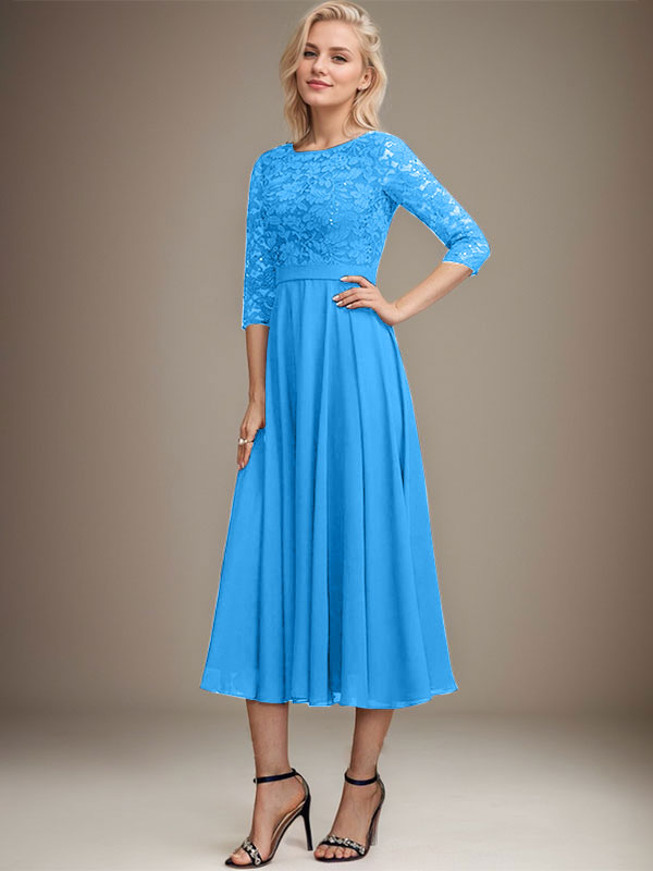 A-Linien-Kleid mit Rundhalsausschnitt, Teelänge, Spitze, Chiffon, Pailletten, für die Mutter der Braut