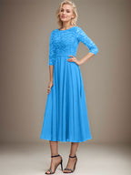 A-Linien-Kleid mit Rundhalsausschnitt, Teelänge, Spitze, Chiffon, Pailletten, für die Mutter der Braut