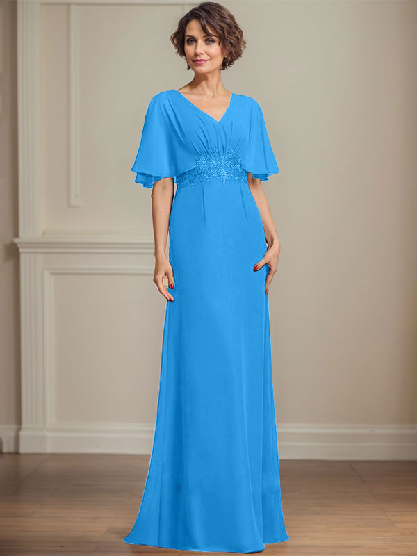 A-Linien-Kleid aus Chiffon mit V-Ausschnitt, bodenlang, für die Mutter der Braut, mit plissierten Paillettenapplikationen und Spitze