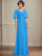 A-Linien-Kleid aus Chiffon mit V-Ausschnitt, bodenlang, für die Mutter der Braut, mit plissierten Paillettenapplikationen und Spitze