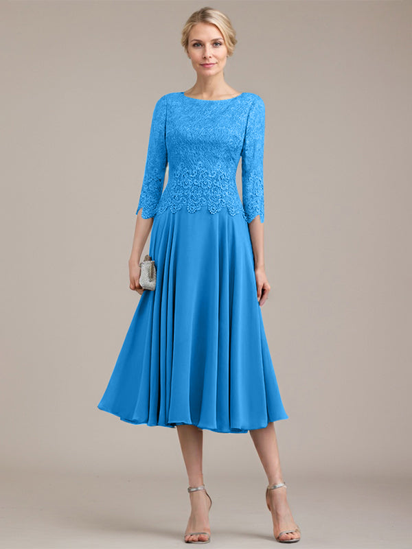 A-Linien-Kleid aus Chiffon mit Rundhalsausschnitt und Teelänge für die Mutter der Braut 