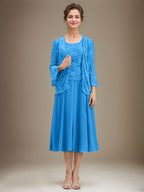 Vestido de gasa con encaje y lentejuelas para madre de la novia, corte A, escote redondo y largo hasta la rodilla 