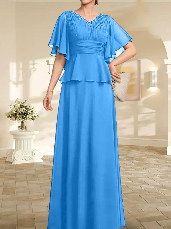 Vestido de gasa para madre de la novia, corte A, escote en V, largo hasta el suelo, con cuentas plisadas