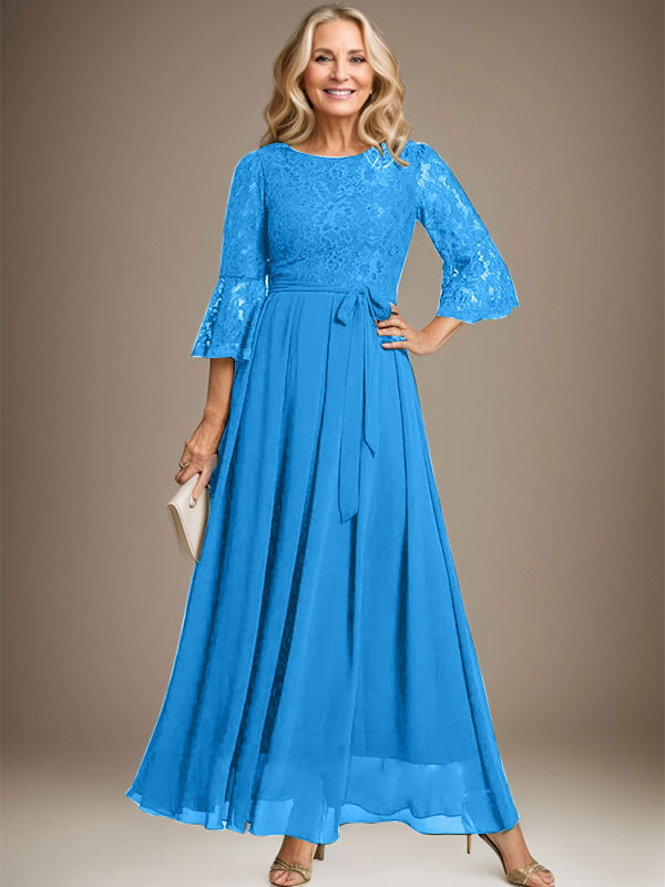 Vestido de gasa con encaje y lazo para madre de la novia, corte A, escote redondo hasta los tobillos