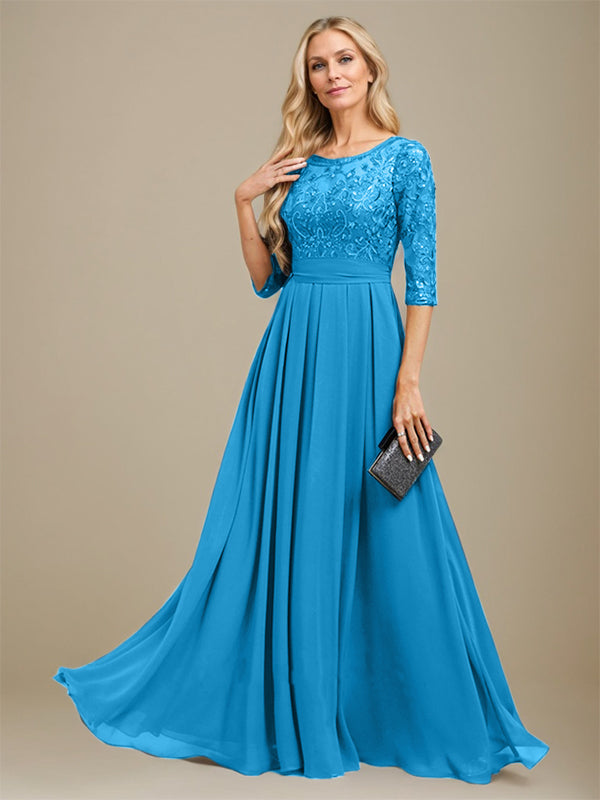 A-Linien-Kleid aus Chiffon mit Paillettenapplikationen und Rundhalsausschnitt, bodenlang, für die Mutter der Braut 