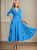 A-Linien-Kleid aus Chiffonspitze mit V-Ausschnitt, Teelänge, Perlen- und Paillettenstickerei für die Mutter der Braut 