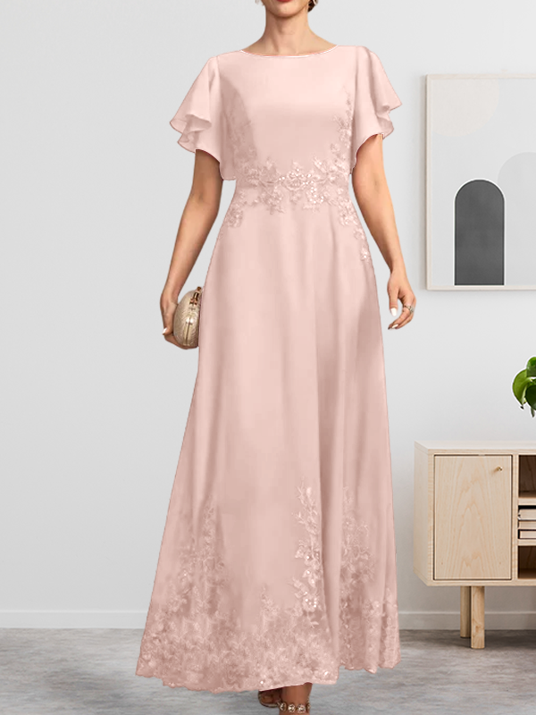 A-Linien-Kleid mit Rundhalsausschnitt, knöchellang, aus Spitze und Chiffon, mit Pailletten besetzt