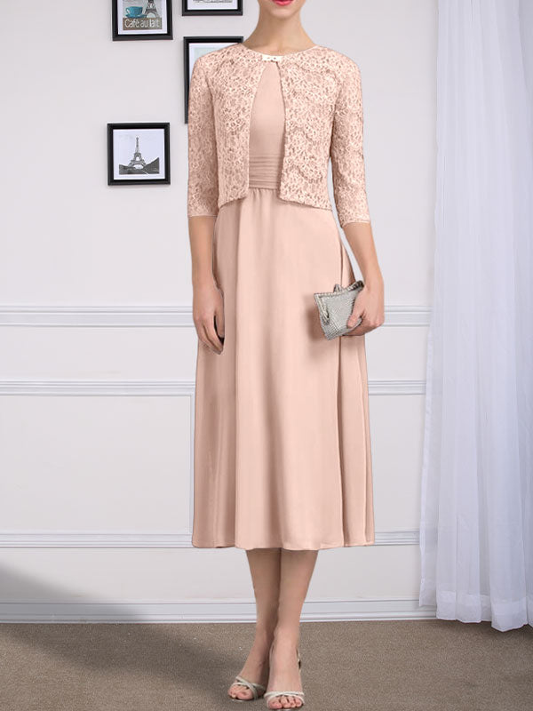 Vestido de gasa para madre de la novia, corte A, escote redondo, largo hasta la rodilla, con pliegues