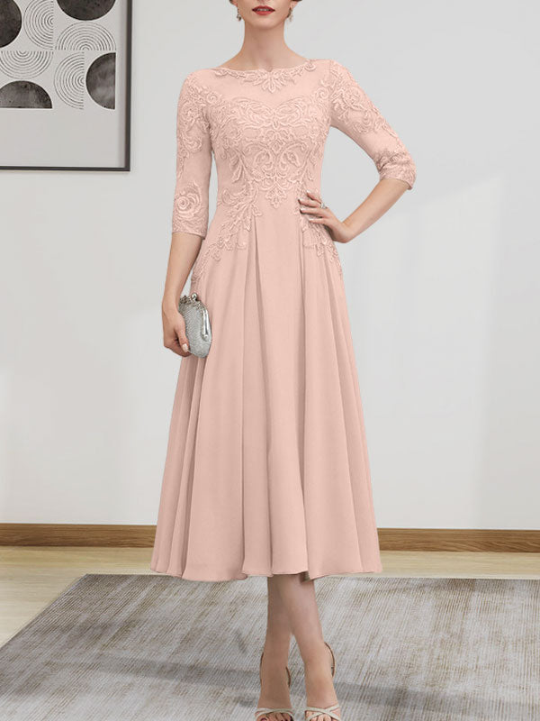A-Linien-Kleid mit U-Boot-Ausschnitt, Illusion-Detail, Teelänge, Chiffonspitze, Perlenstickerei und Pailletten für die Mutter der Braut