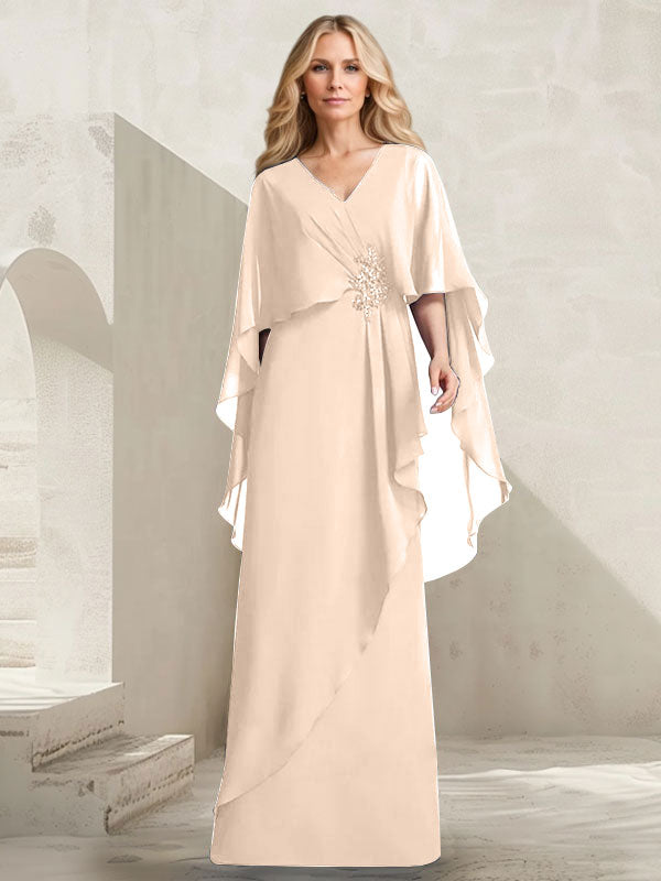 A-Linien-Kleid aus Chiffon mit V-Ausschnitt, bodenlang, mit Kaskadenrüschen und Perlenstickerei für die Mutter der Braut. 