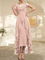 A-Linien-Kleid mit asymmetrischem Chiffon-Spitzenausschnitt, Schleife, Rüschen und Pailletten für die Mutter der Braut 