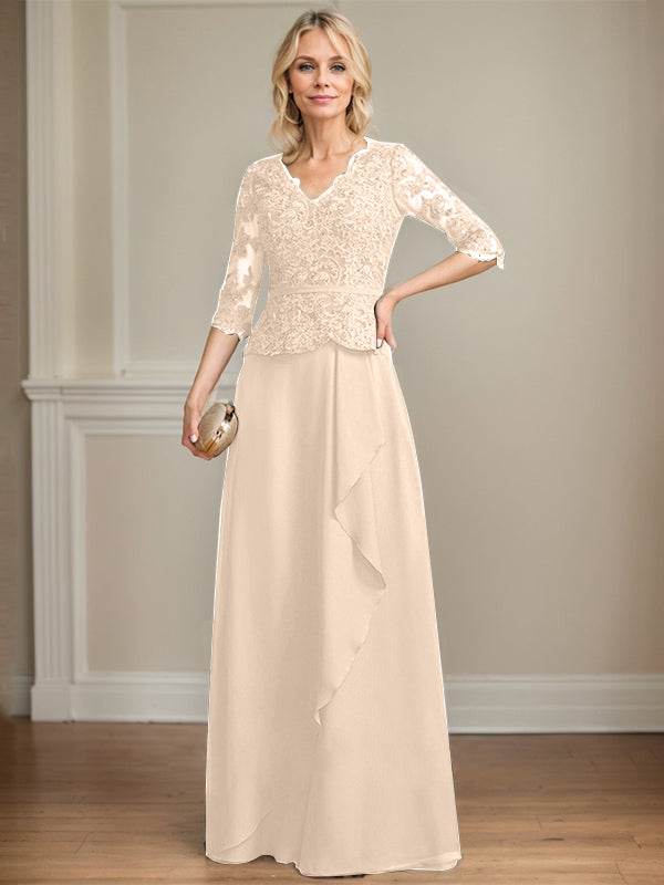 A-Linien-Kleid aus Chiffon mit V-Ausschnitt, bodenlang, mit Spitze, Kaskadenrüschen und Pailletten für die Mutter der Braut 