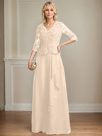 A-Linien-Kleid aus Chiffon mit V-Ausschnitt, bodenlang, mit Spitze, Kaskadenrüschen und Pailletten für die Mutter der Braut 