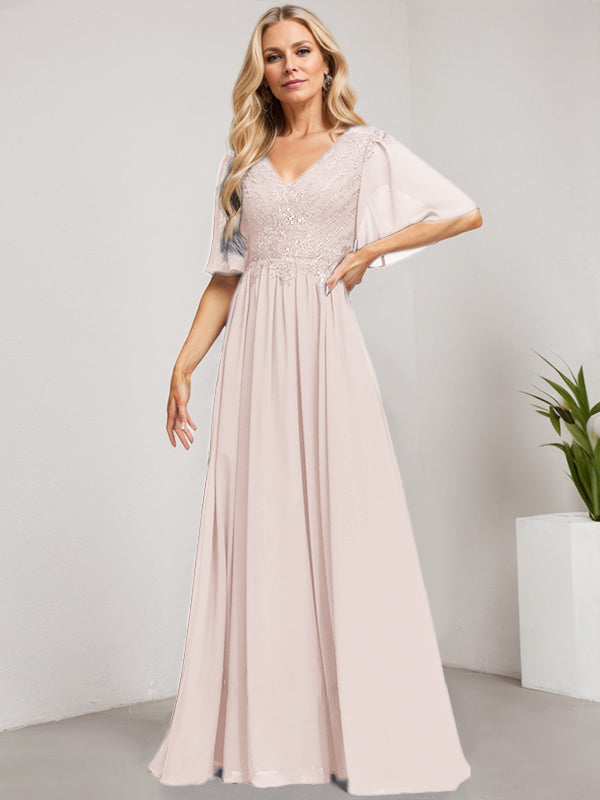 A-Linien-Kleid aus Chiffon mit V-Ausschnitt, bodenlang, mit Pailletten besetzt – ideal für die Mutter der Braut 
