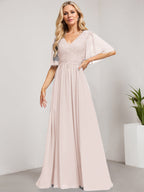 A-Linien-Kleid aus Chiffon mit V-Ausschnitt, bodenlang, mit Pailletten besetzt – ideal für die Mutter der Braut 