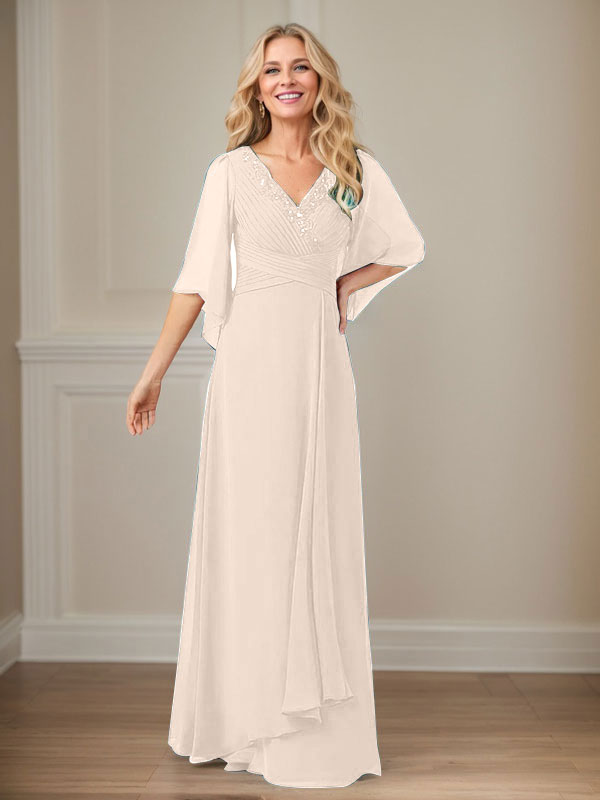 Langes Pailletten-Chiffon-Kleid in A-Linie mit V-Ausschnitt für die Mutter