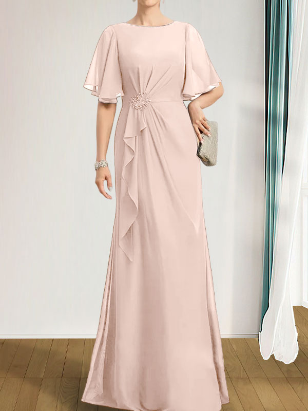A-Linien-Kleid aus Chiffon in Bodenlänge für die Mutter der Braut mit kaskadenartigen Rüschen, Perlen und Pailletten