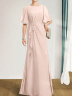 A-Linien-Kleid aus Chiffon in Bodenlänge für die Mutter der Braut mit kaskadenartigen Rüschen, Perlen und Pailletten