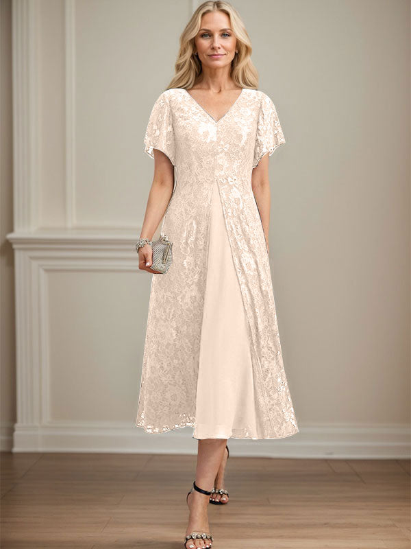 A-Linien-Kleid aus Chiffon mit V-Ausschnitt und Teelänge für die Mutter der Braut 