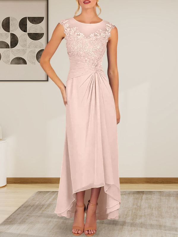Champagnerfarbenes A-Linien-Chiffonkleid mit Rundhalsausschnitt und Spitze