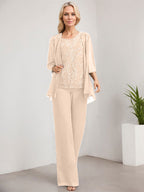 Zweiteiliger Jumpsuit/Hosenanzug, bodenlanges Chiffon-Kleid mit Spitze und Pailletten für die Mutter der Braut
