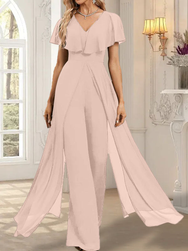Jumpsuit/Hosenanzug, bodenlanges Chiffon-Abendkleid mit V-Ausschnitt