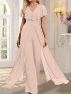 Jumpsuit/Hosenanzug, bodenlanges Chiffon-Abendkleid mit V-Ausschnitt