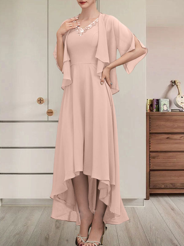 A-Linien-Kleid aus Chiffon mit V-Ausschnitt, asymmetrischem Muster und Perlen- und Paillettenbesatz für die Mutter der Braut