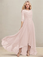 A-Linien-Kleid mit asymmetrischem Ausschnitt, Illusion-Effekt, Spitze und Chiffon, verziert mit plissierten Pailletten, ideal für die Mutter der Braut 