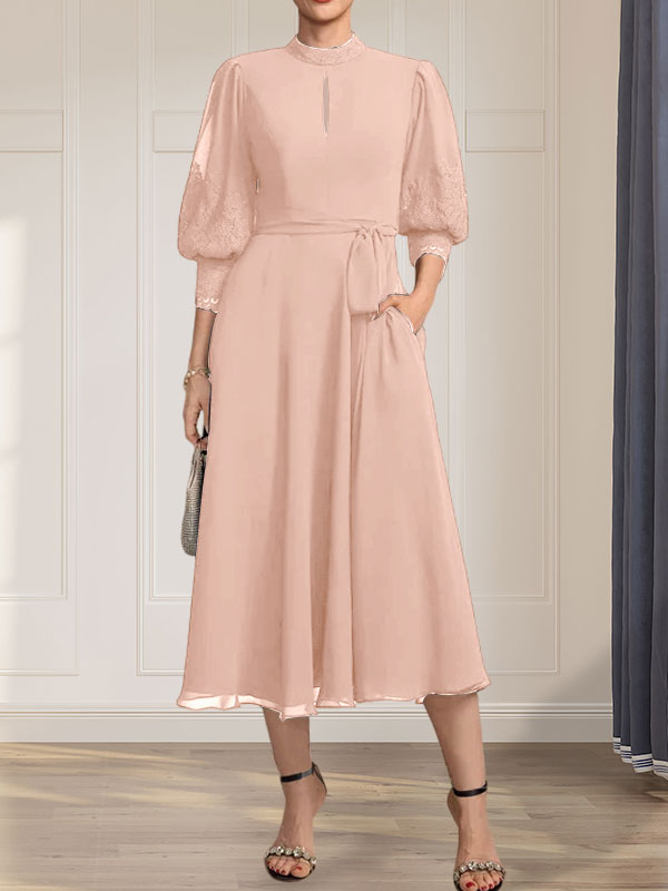 A-Linien-Kleid aus Chiffon mit hohem Kragen, Teelänge und Spitze für die Mutter der Braut, verziert mit einer Schleife