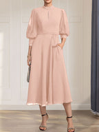 A-Linien-Kleid aus Chiffon mit hohem Kragen, Teelänge und Spitze für die Mutter der Braut, verziert mit einer Schleife