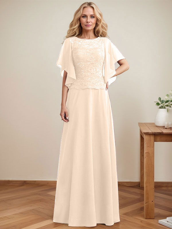 A-Linien-Kleid mit Rundhalsausschnitt, Illusion-Effekt, bodenlang, aus Chiffon und Spitze mit Pailletten – das perfekte Brautmutterkleid 