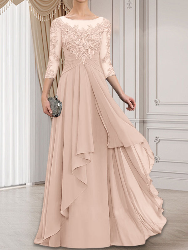 Vestido de gasa con encaje y volantes en cascada para madre de la novia, corte A, escote ilusión, largo hasta el suelo