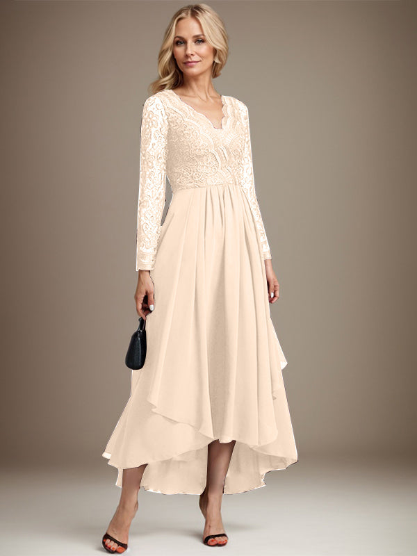 A-Linien-Kleid aus Chiffon mit V-Ausschnitt und asymmetrischer Spitze für die Mutter der Braut