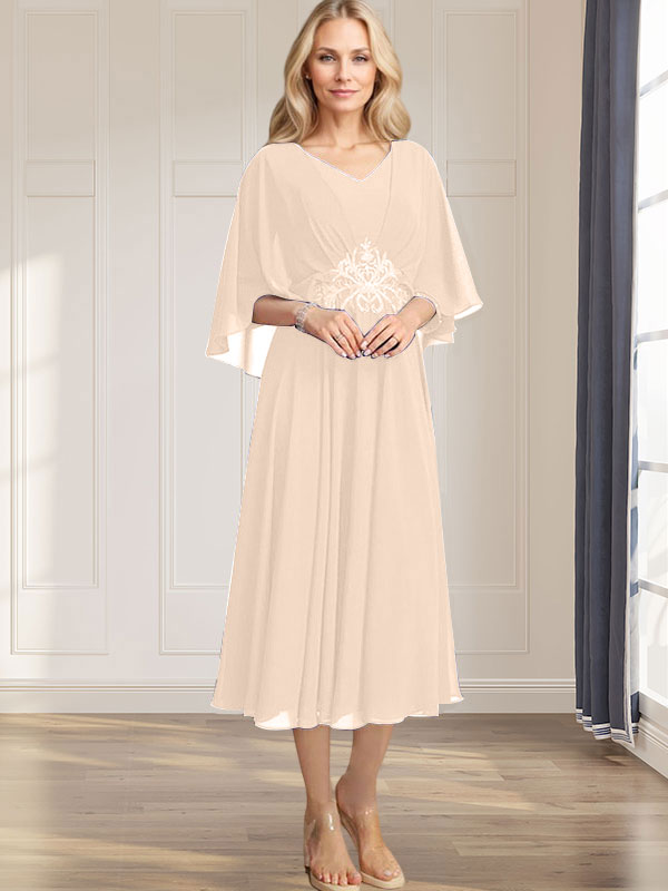 A-Linien-Kleid aus Chiffon mit V-Ausschnitt, Teelänge, plissierten Paillettenapplikationen und Perlenstickerei für die Mutter der Braut 