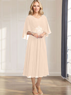A-Linien-Kleid aus Chiffon mit V-Ausschnitt, Teelänge, plissierten Paillettenapplikationen und Perlenstickerei für die Mutter der Braut 